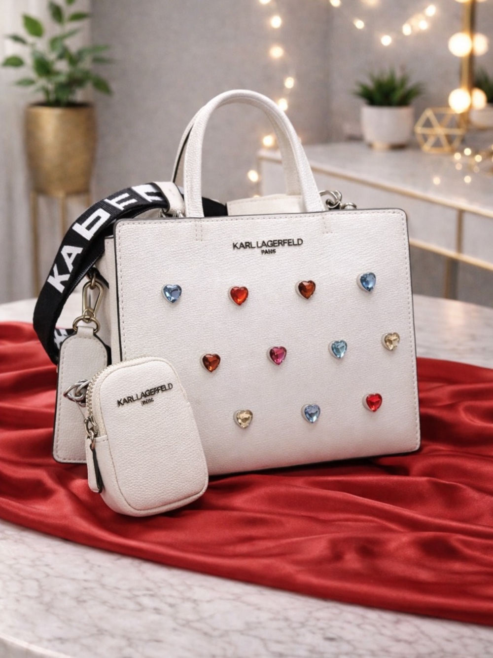 Karl Lagerfeld Rare White Maybelle Satchel/Crossbody Rainbow Heartst